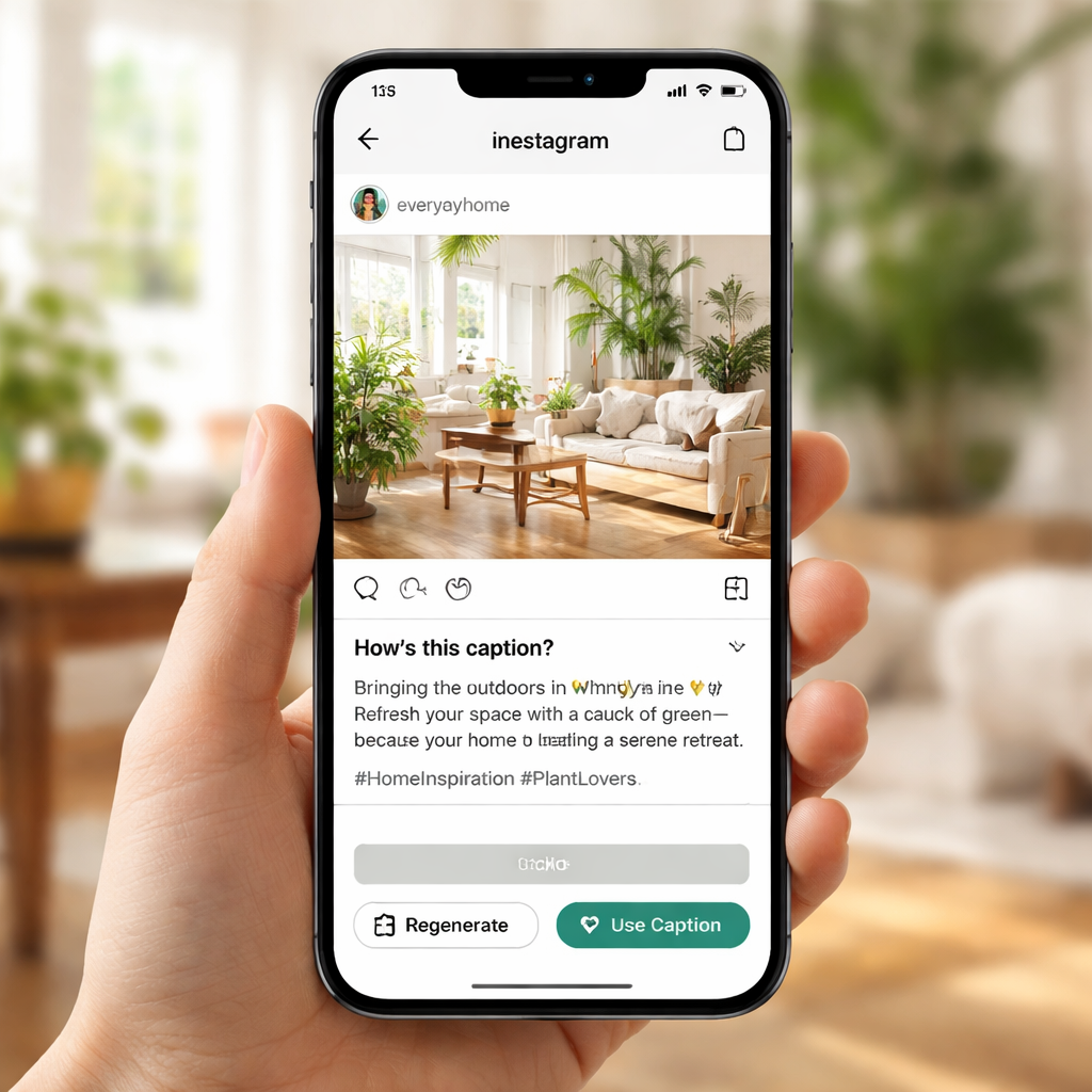 A papercraft illustration of a phone screen showing AI‑generated Instagram captions, with colorful speech bubbles and a smiling creator. Alt: AI generated Instagram captions illustration