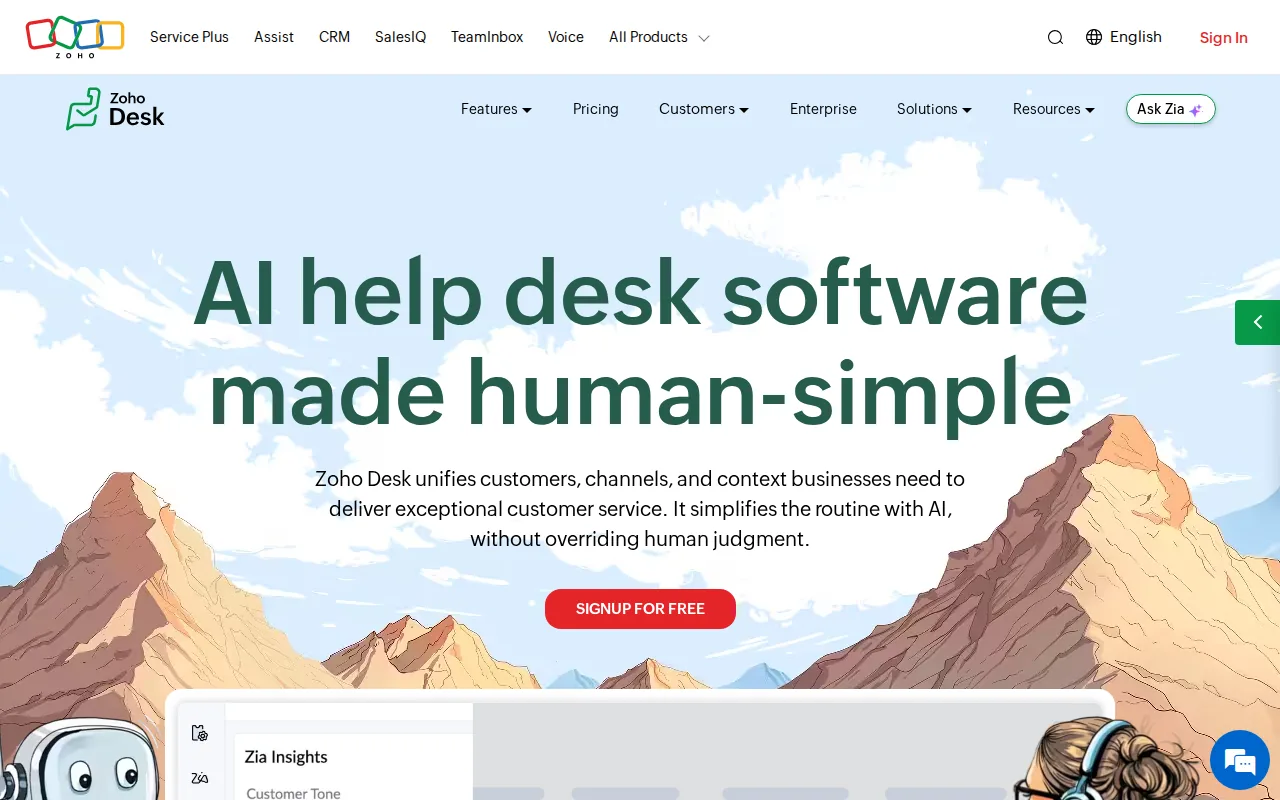 Screenshot of the Zoho Desk website