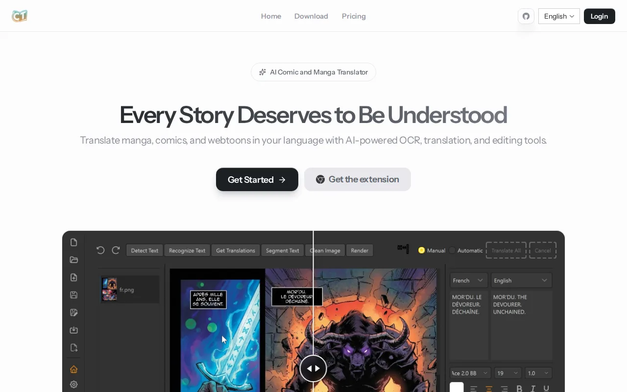 Screenshot of the Comic Translate website