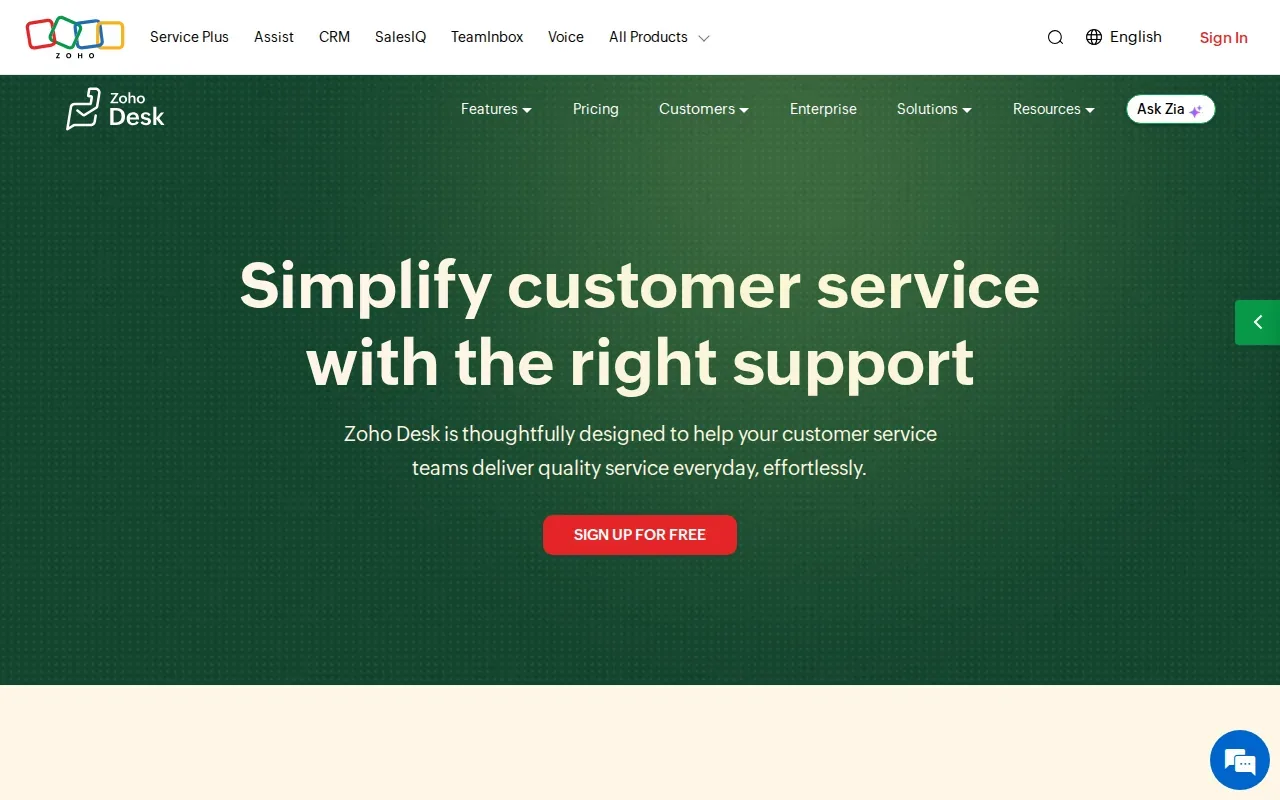 Screenshot of the Zoho Desk website