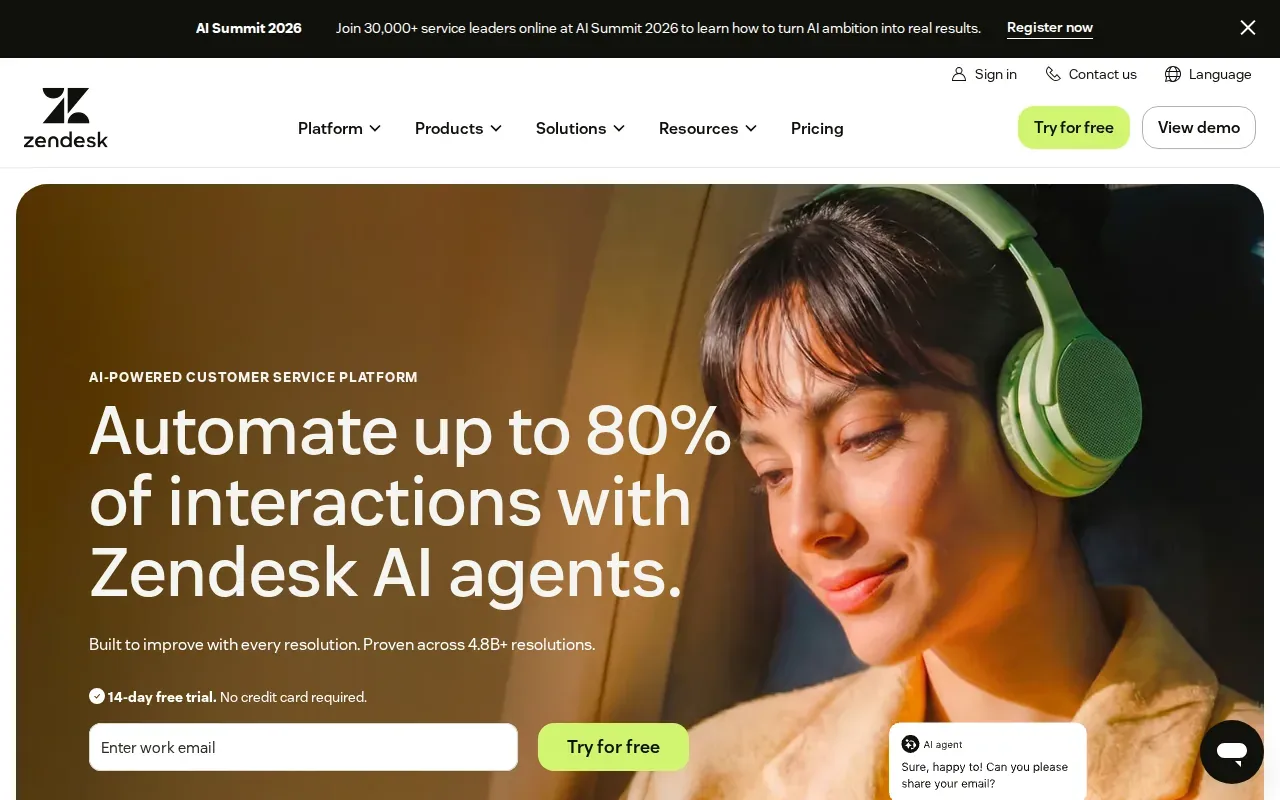 Screenshot of the Zendesk website