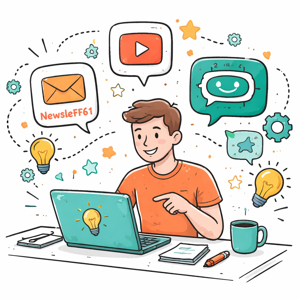 A doodle‑style sketch of a founder sitting at a laptop, surrounded by floating icons for newsletters, YouTube, and AI chat bubbles, symbolizing the selection of an AI knowledge base platform. Alt: founder choosing AI knowledge base platform