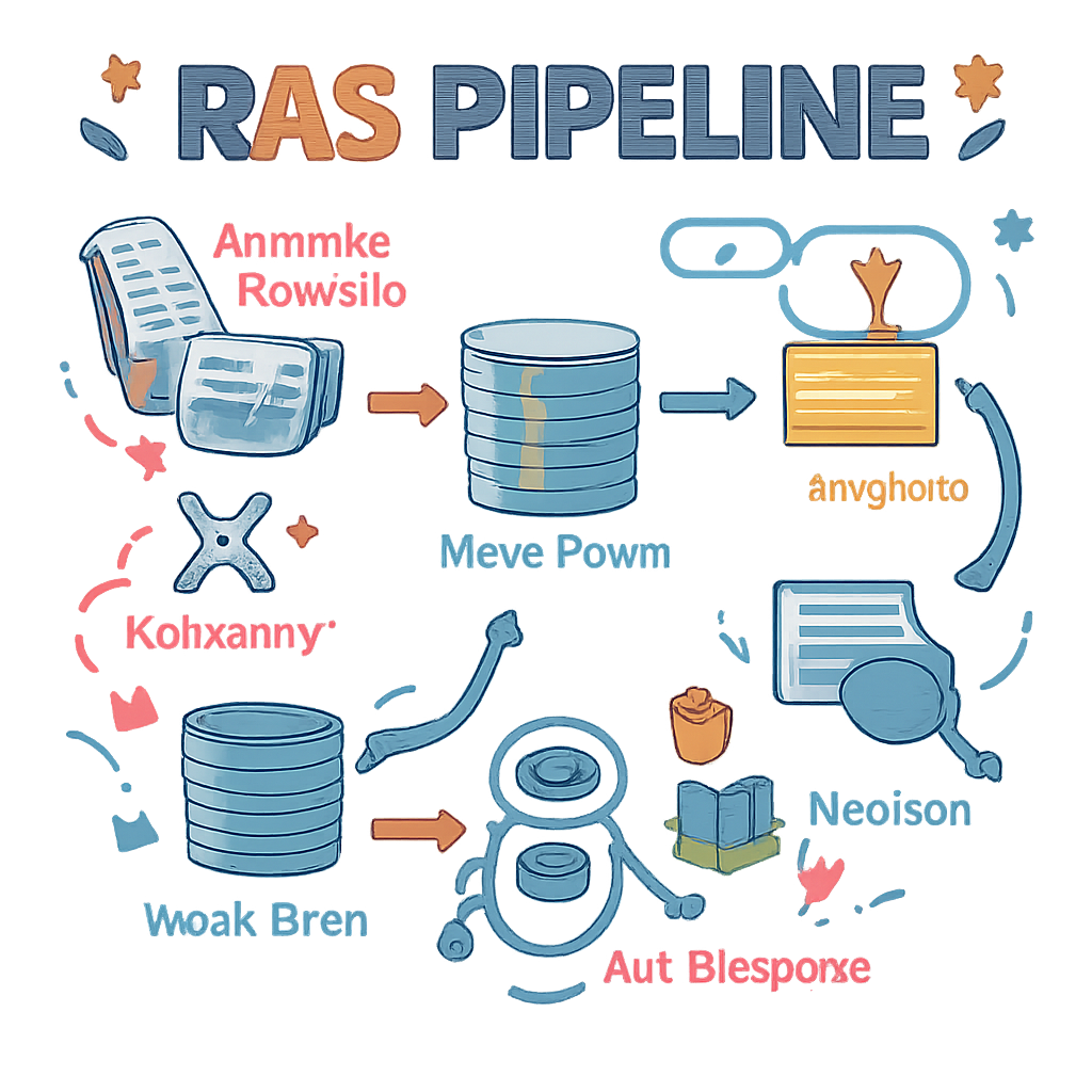 A doodle‑style diagram of the RAG pipeline , document chunking, embedding, vector store, retrieval, prompt, LLM response , with arrows and simple icons. Alt: RAG pipeline illustration for AI knowledge base training