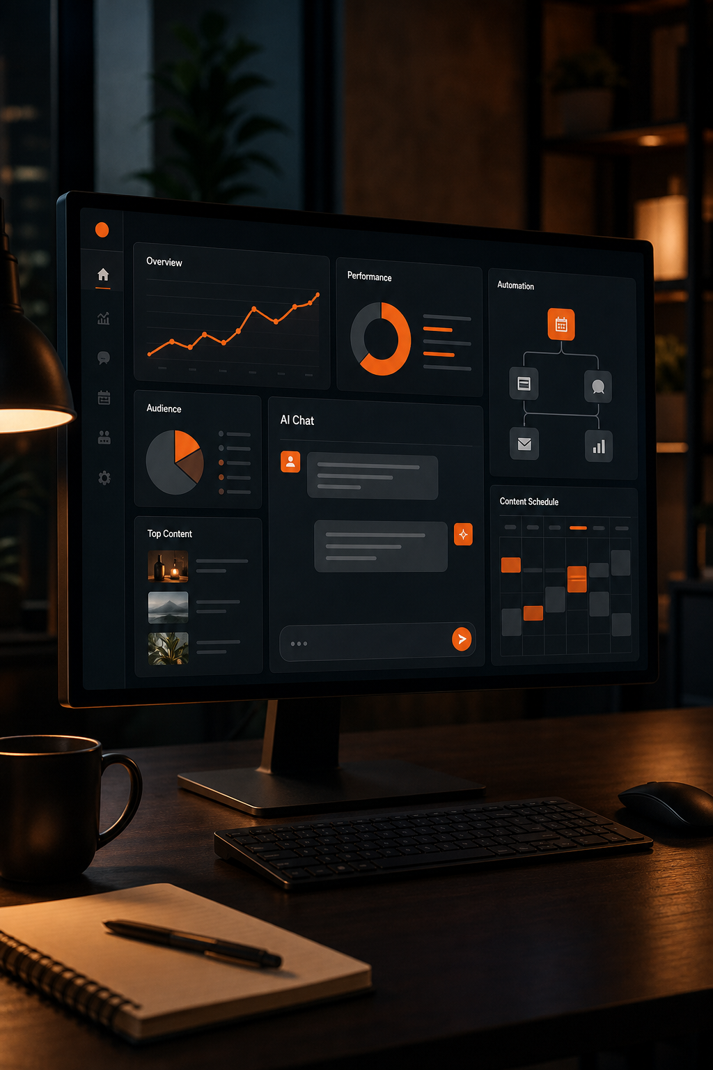 A cinematic dark-themed website dashboard with an AI chat interface, surrounded by analytics and automated content scheduling icons. Alt: Umania Labs AI-powered marketing automation dashboard