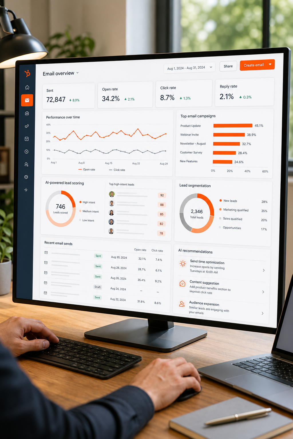 A clean dashboard showing HubSpot's email marketing analytics with AI-powered lead scoring and segmentation. Alt: HubSpot Marketing Hub AI automation dashboard