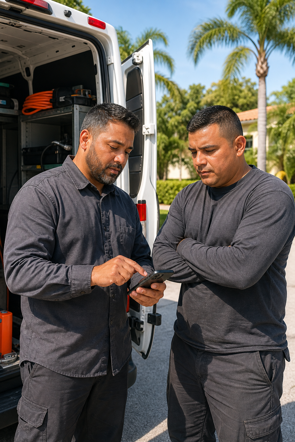 A South Florida HVAC technician and his colleague reviewing a job schedule on a phone outside their service van in bright Florida daylight, real outdoor work setting, casual and professional. Alt: HVAC technicians in South Florida using AI scheduling and marketing tools on a mobile device.