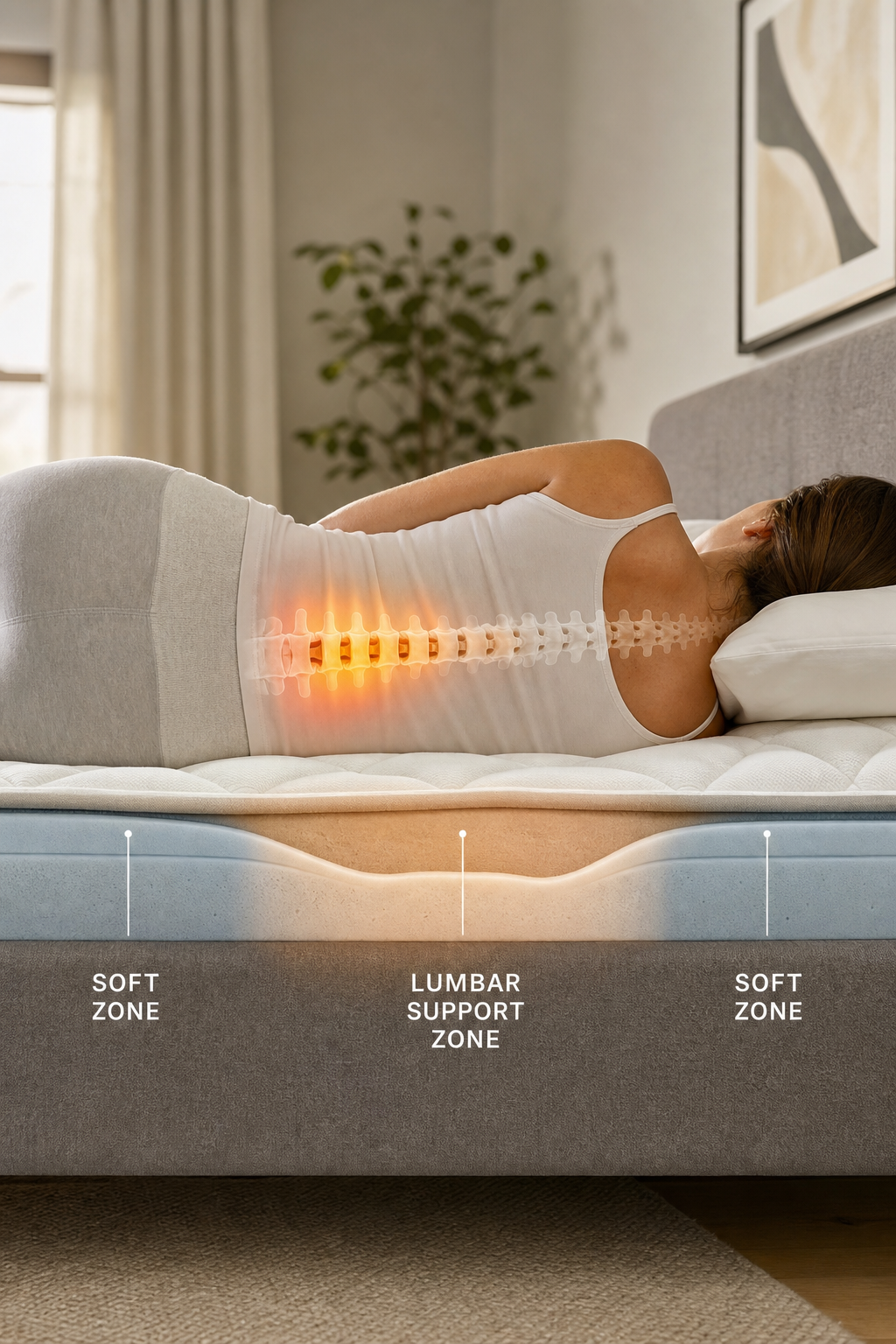 A photorealistic illustration of a person lying on a mattress with a glowing zone in the lumbar area, showing spinal alignment. Alt: AI mattress with zoned lumbar support for back pain relief.
