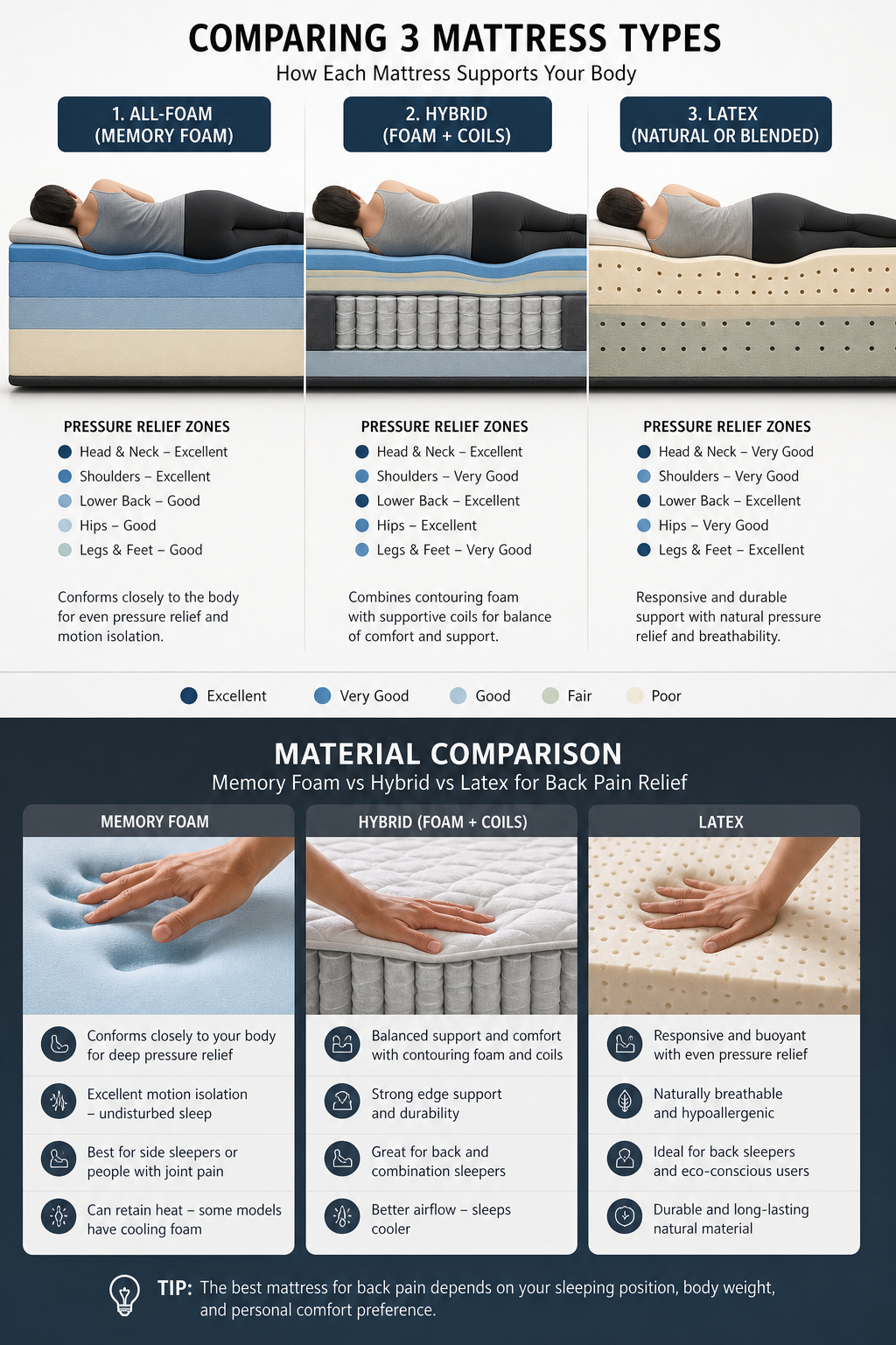 Cross-section of three mattress types: all-foam, hybrid with coils, and latex, with labels showing pressure relief zones. Alt: Comparison of memory foam, hybrid, and latex materials for AI mattress back pain relief.