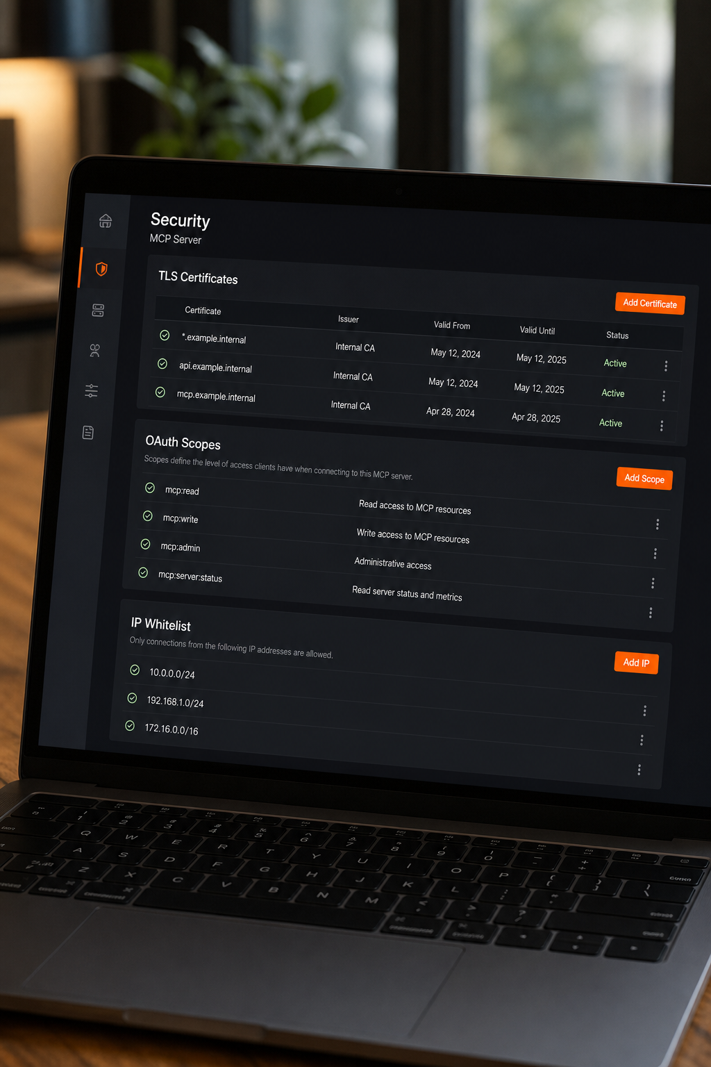 A photorealistic view of a secure cloud dashboard showing TLS certificates, OAuth scopes, and IP whitelist entries for an MCP server. Alt: 