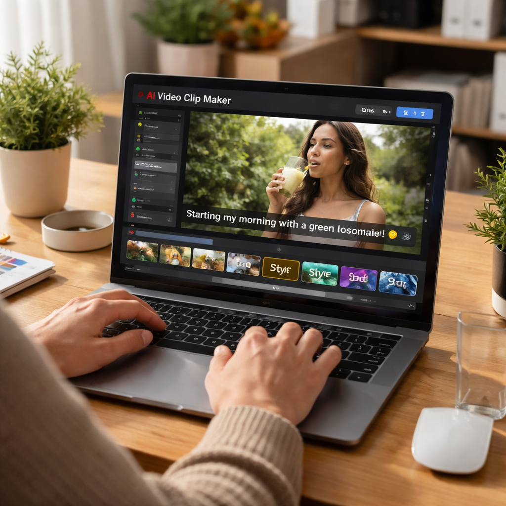 A photorealistic scene showing a person using a laptop to clip a short video with AI, captions appearing on screen, realistic lighting, modern home office setting. Alt: AI video clip maker free benefits illustration.