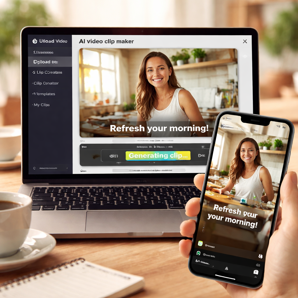 A photorealistic scene of a laptop screen showing an AI video clip maker interface extracting a short clip from a longer video, with captions overlay, and a smartphone displaying the resulting Reel. Alt: AI video clip maker free creating short social clips.