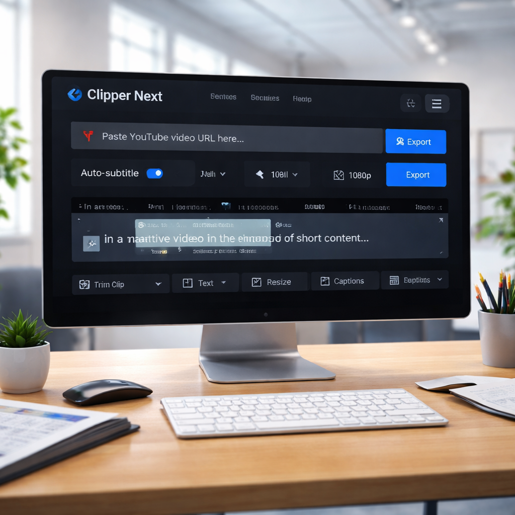 A photorealistic desktop scene showing the Clipper Next interface with a YouTube URL field, auto-subtitle bar, and 1080p export button. Bright office lighting, modern computer monitor. Alt: AI video clipping tool free interface screenshot