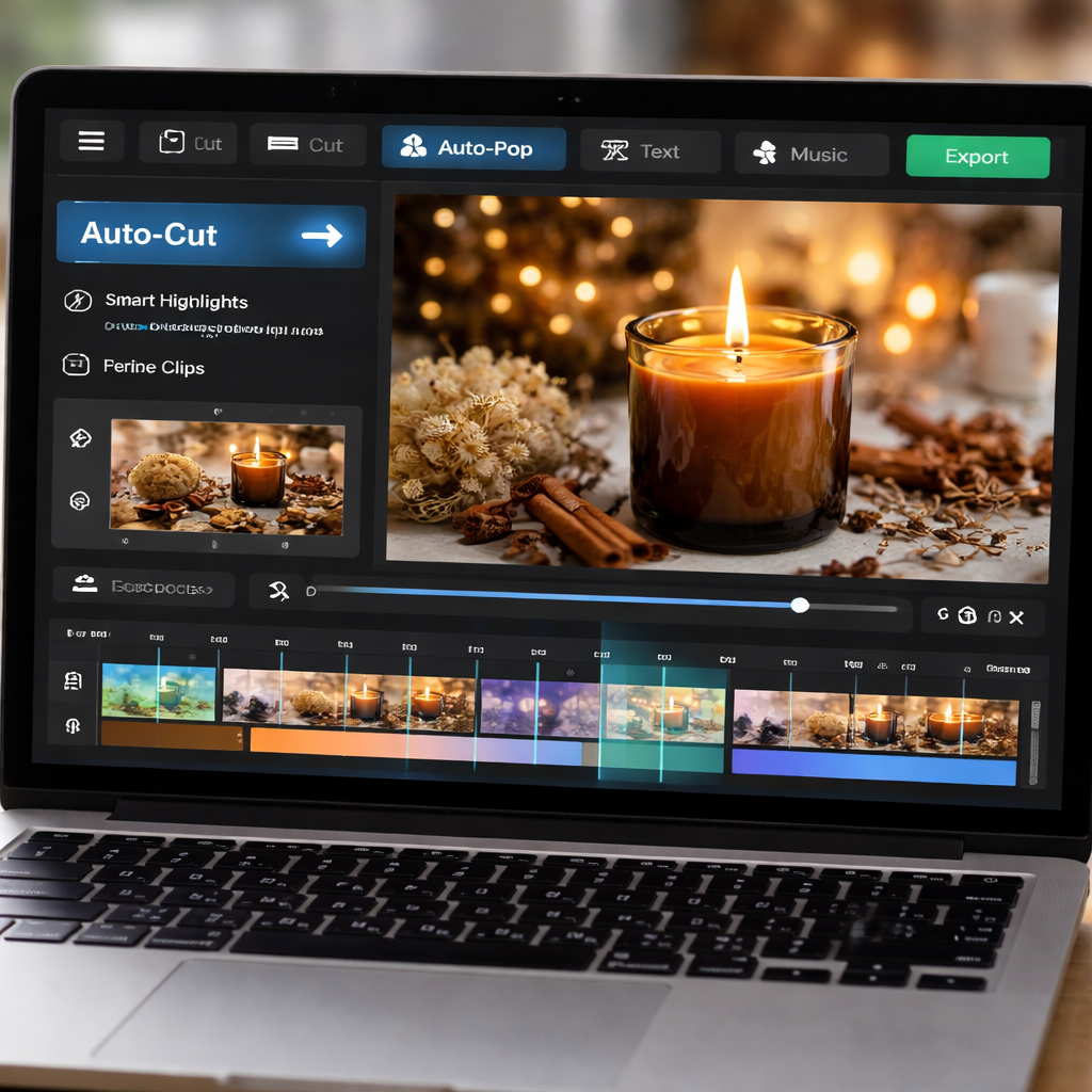 A photorealistic scene of a laptop screen showing an AI video editing dashboard with a timeline, auto‑cut button highlighted, and a candle product video clip being trimmed. Alt: AI video editing for social media automates cutting and highlight selection for product videos.