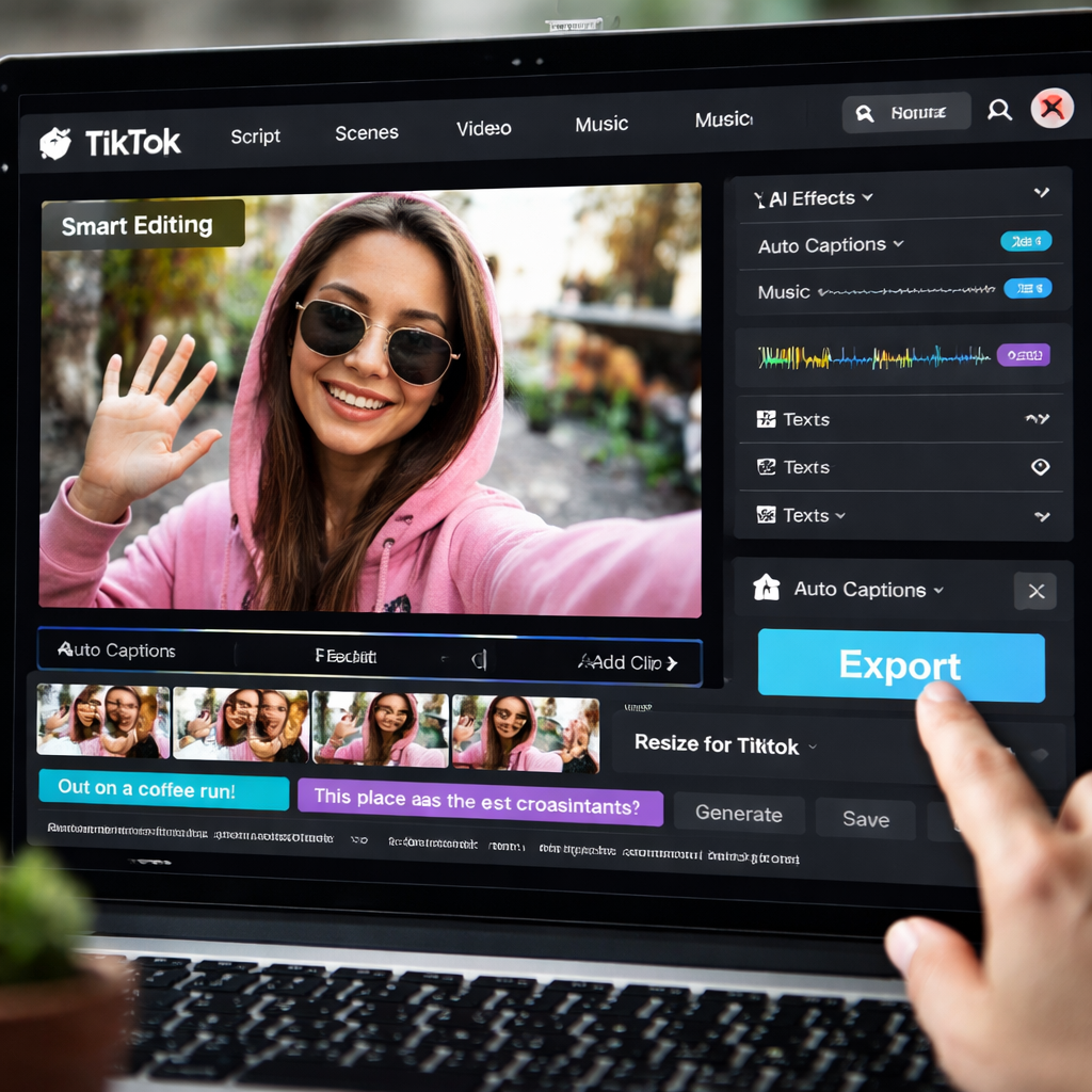A photorealistic scene of a computer screen showing an AI video editing interface for TikTok, with a user clicking 