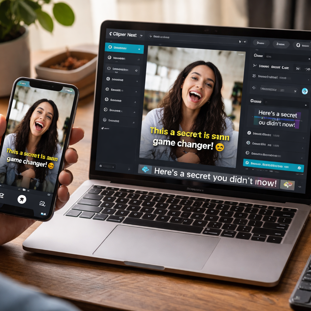 A photorealistic scene of a creator viewing a vertical 1080p TikTok clip on a phone, with a laptop displaying the Clipper Next interface showing auto-cut and captions. Alt: AI video editing for TikTok workflow.