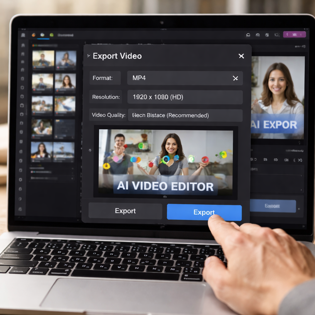 A photorealistic scene of a laptop screen showing the export dialog of an AI video editor with format and bitrate options selected, a product demo video thumbnail visible, and a hand clicking the Export button. Alt: Exporting final video in an AI video editing tutorial.