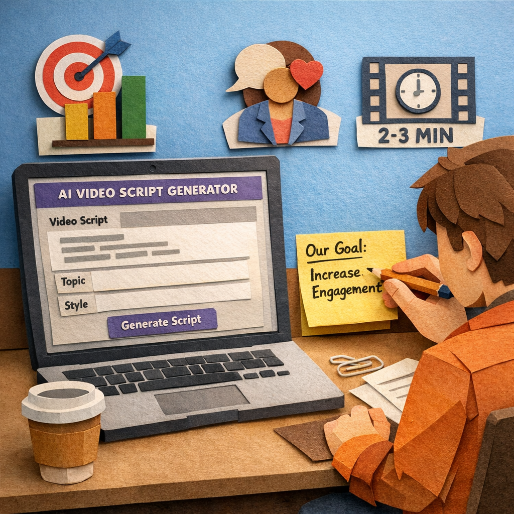 A Papercraft style illustration showing a marketer writing a concise goal statement on a sticky note, next to a laptop displaying an ai video script generator interface, with icons representing KPIs, audience persona, and video length. Alt: ai video script generator goal setting visual in papercraft style.