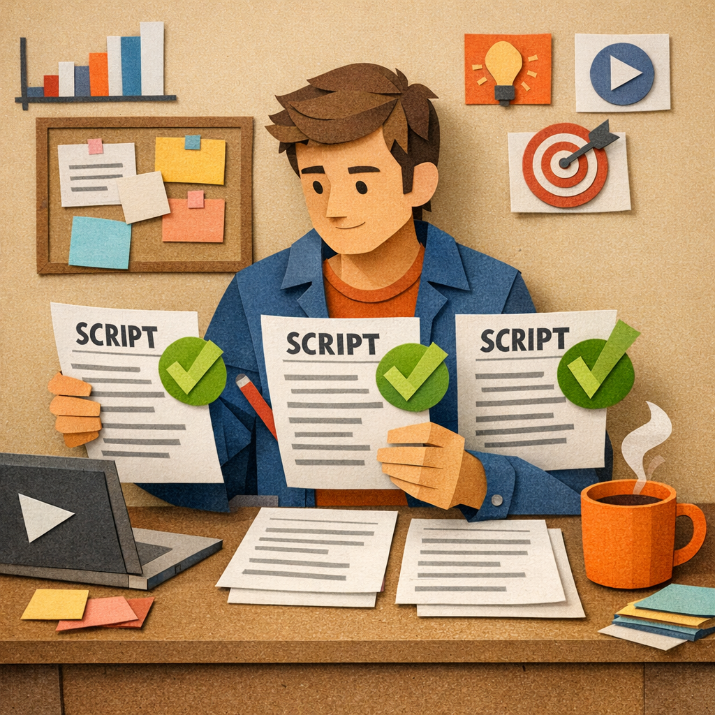 A Papercraft illustration of a marketer sitting at a desk, reviewing multiple printed script drafts side by side, with checkmarks and a coffee mug, Alt: ai video script generator review process
