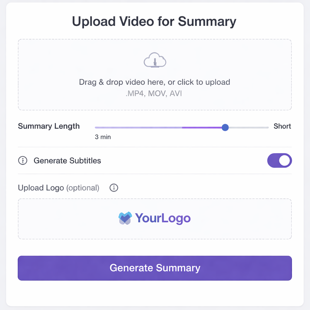 AI video summary tool upload screen