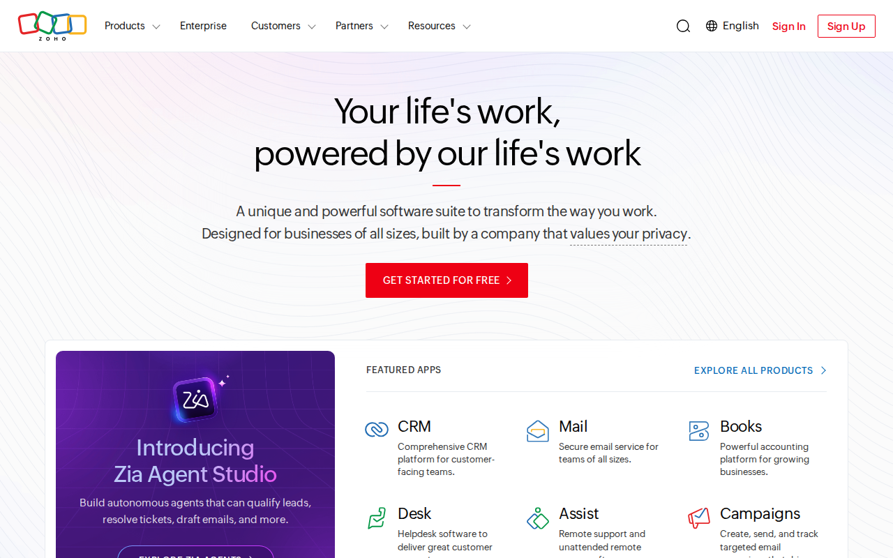 Zoho CRM Plus homepage screenshot