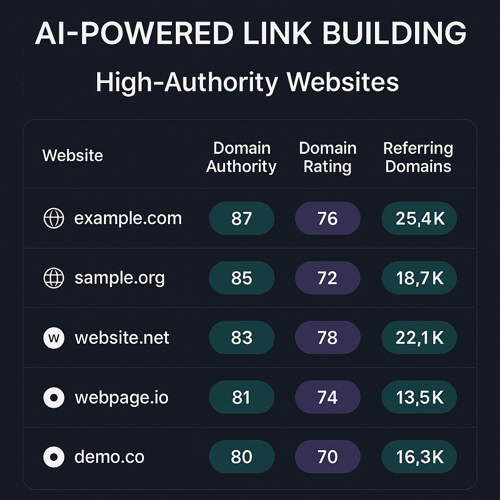 An AI dashboard displaying a ranked list of high‑authority websites with SEO metrics highlighted. Alt: AI driven link building strategies for startups visualized in a prospecting dashboard.