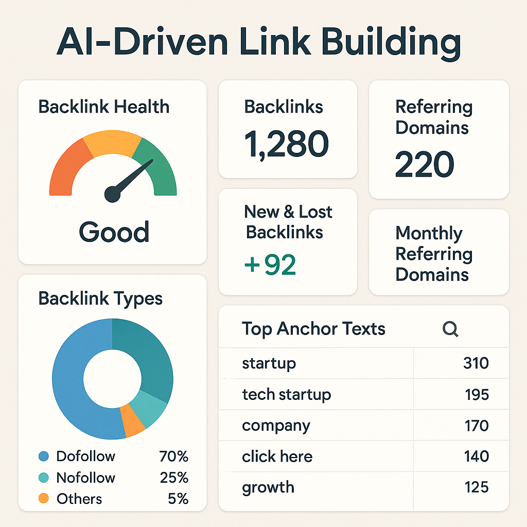 AI dashboard visualizing backlink health, Alt: AI driven link building strategies for startups backlink analysis dashboard.