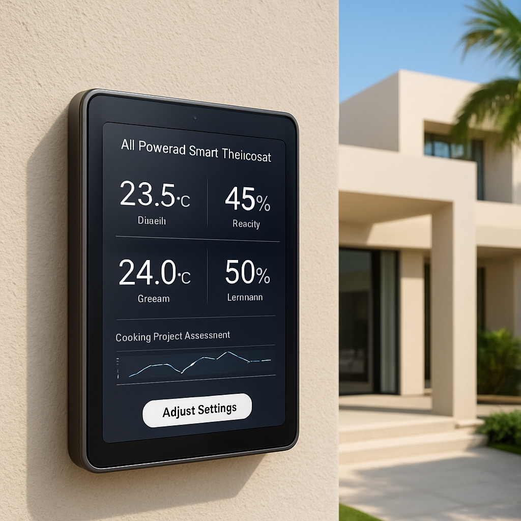 A sleek AI powered smart thermostat mounted on a modern Dubai villa wall, displaying zone temperatures and humidity data on its touchscreen. Alt: AI powered smart thermostat Dubai villa assessment of cooling needs
