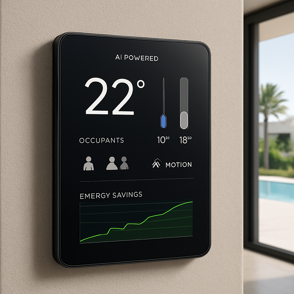 A sleek AI powered smart thermostat on a modern Dubai villa wall, showing temperature sliders, occupancy icons, and an energy savings chart. Alt: AI powered smart thermostat Dubai villa energy‑efficiency settings dashboard