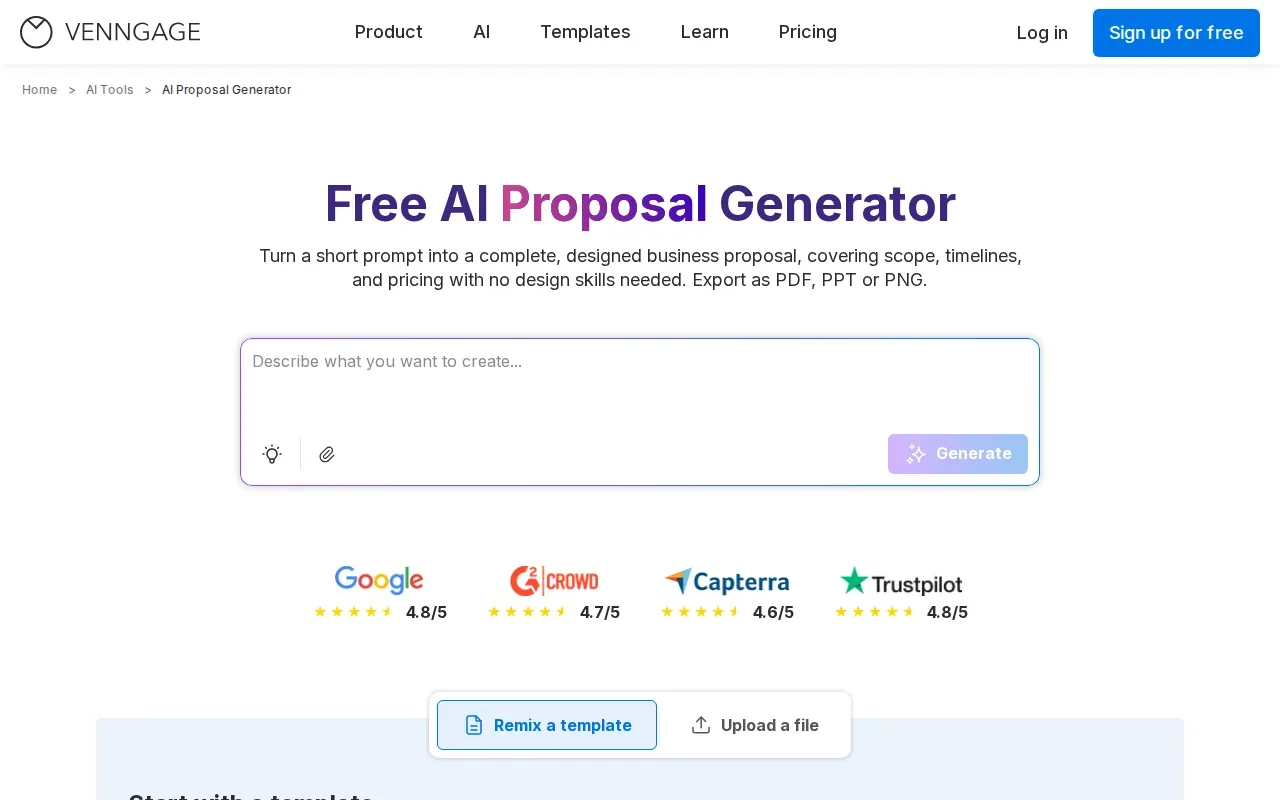 Screenshot of the AI Proposal Generator by Venngage website