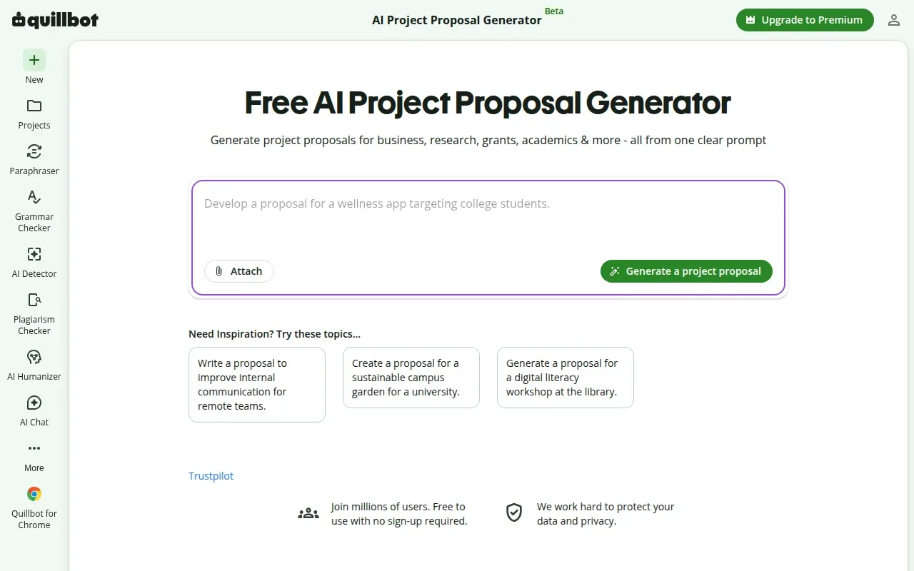 Screenshot of the AI Project Proposal Generator by QuillBot website