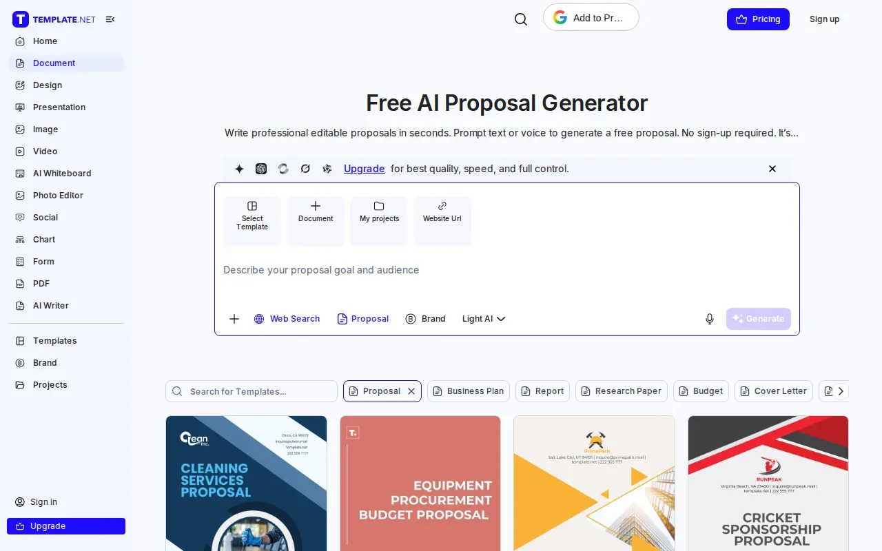 Screenshot of the AI Proposal Generator by Template.net website