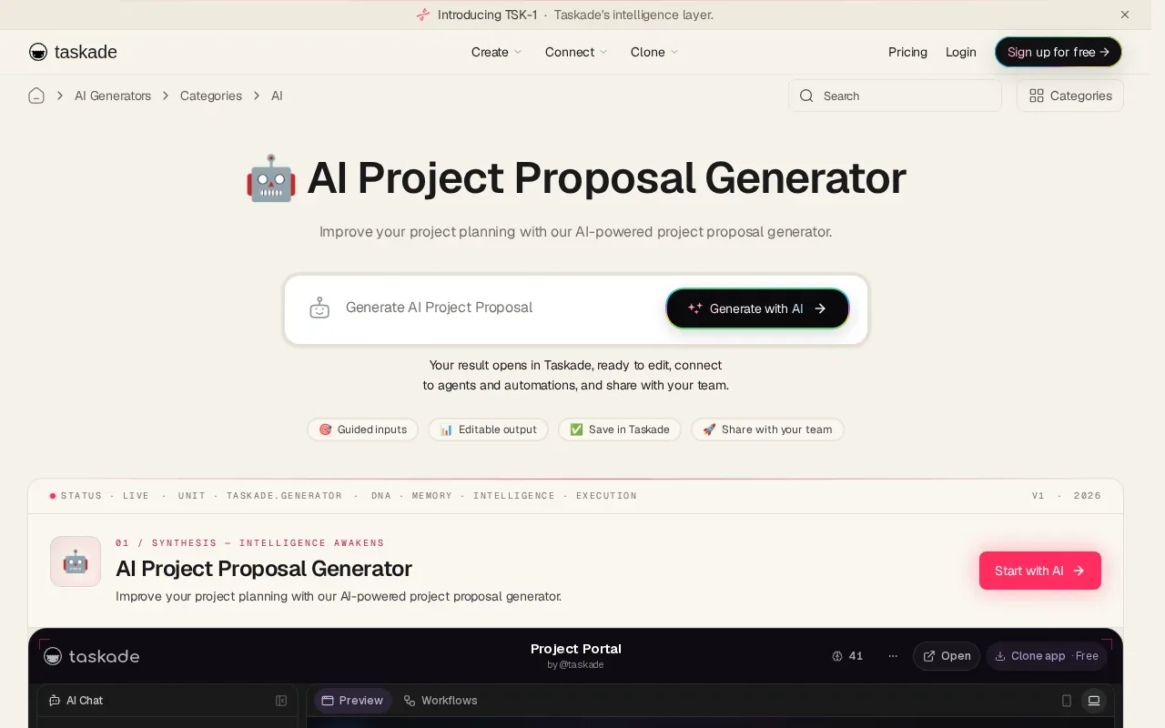 Screenshot of the AI Project Proposal Generator by Taskade website