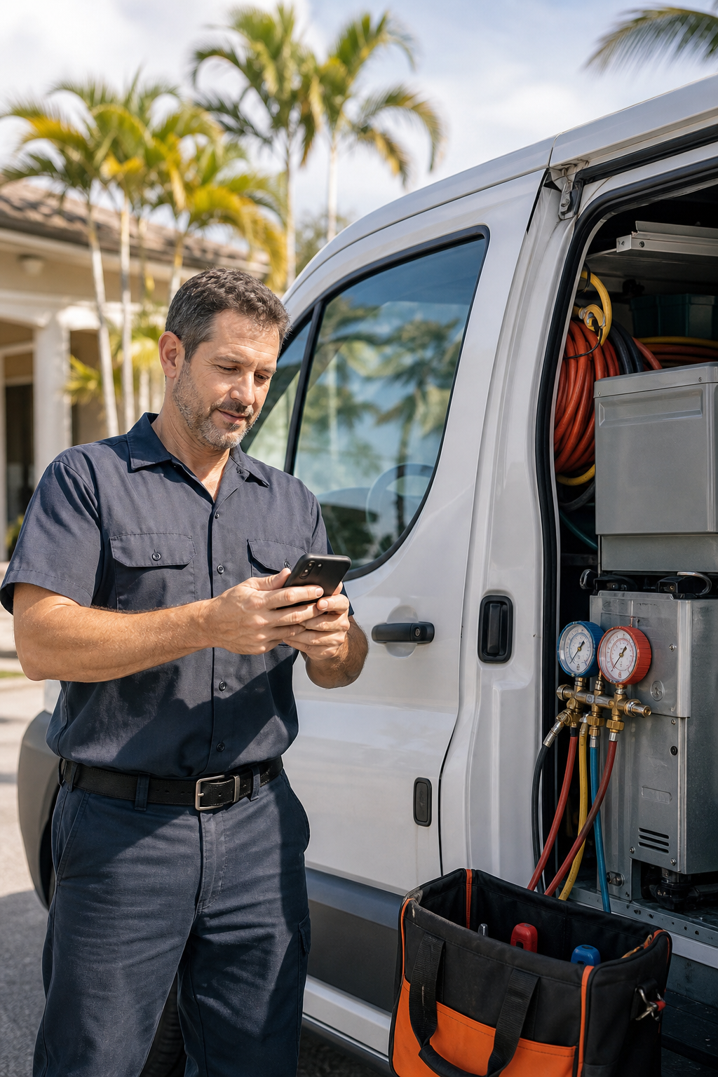 A South Florida HVAC technician in his 40s standing next to a white service van in afternoon sunlight, checking his phone with a relaxed expression, palm trees visible in the background. Alt: Local HVAC business owner using AI receptionist to handle calls while on the job.