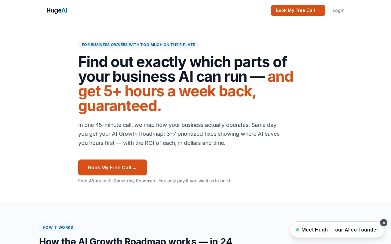 Huge AI: visual reference for 1. Huge AI, done-for-you call handling and business automation