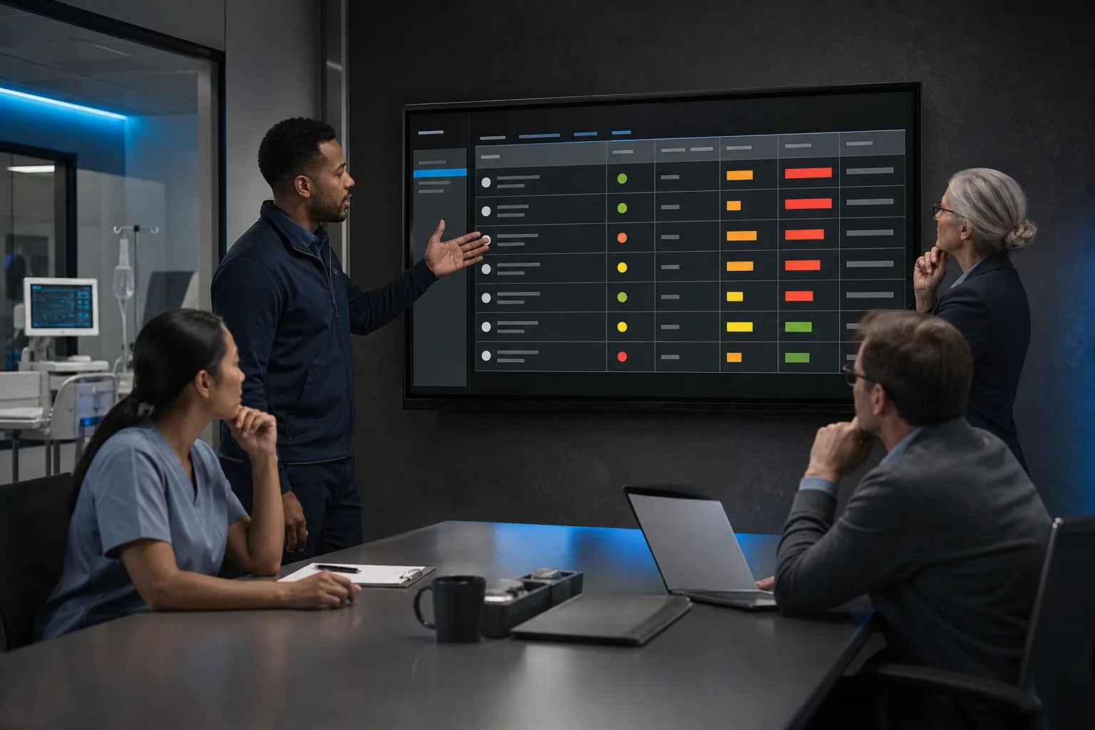 AI risk register review with business and IT owners in a US healthcare setting.