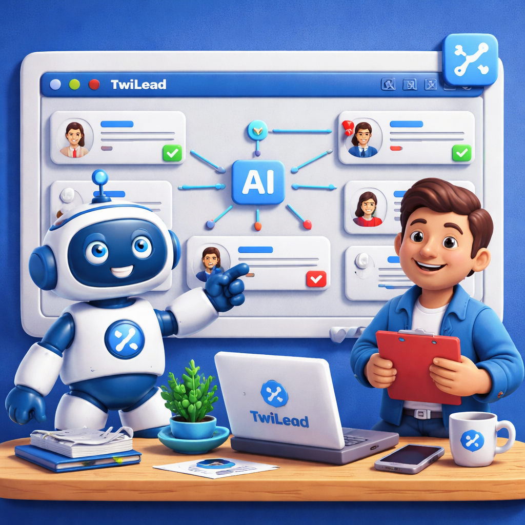 A Claymation style illustration of a friendly robot helping a small business owner organize leads on a dashboard, alt: AI sales automation benefits diagram