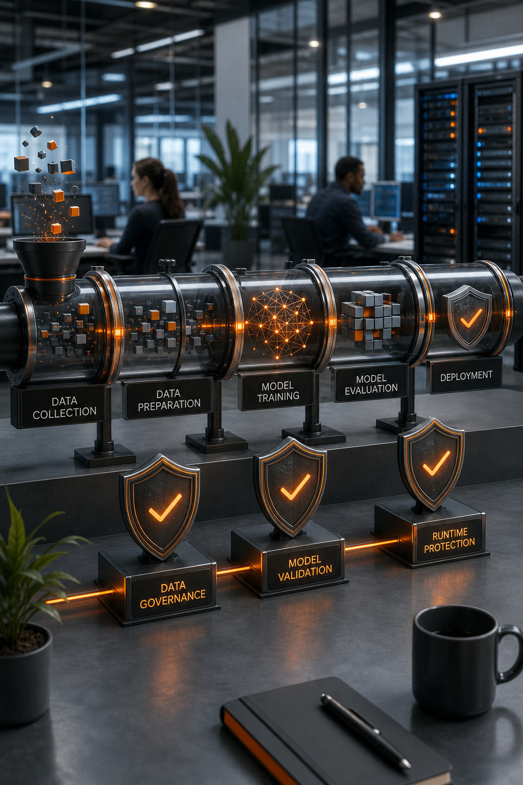A conceptual illustration of an AI development pipeline with security checkpoints labeled data governance, model validation, and runtime protection. Alt: Secure AI lifecycle with security checkpoints.