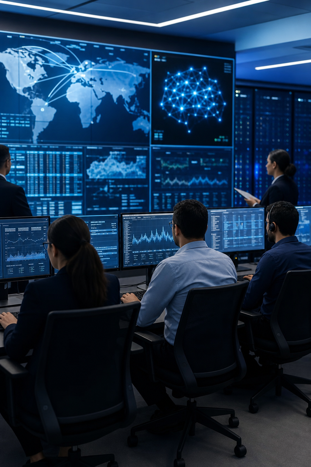 Security operations center with AI threat detection monitors.
