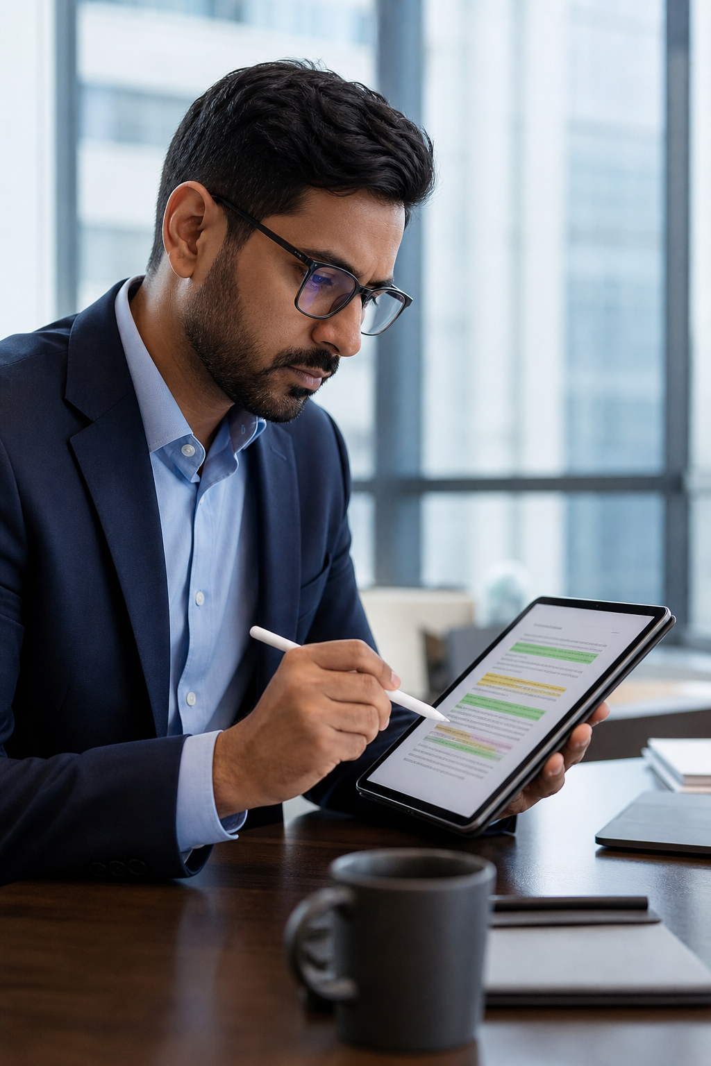 Security analyst reviewing AI outputs on a tablet with highlight markers on text