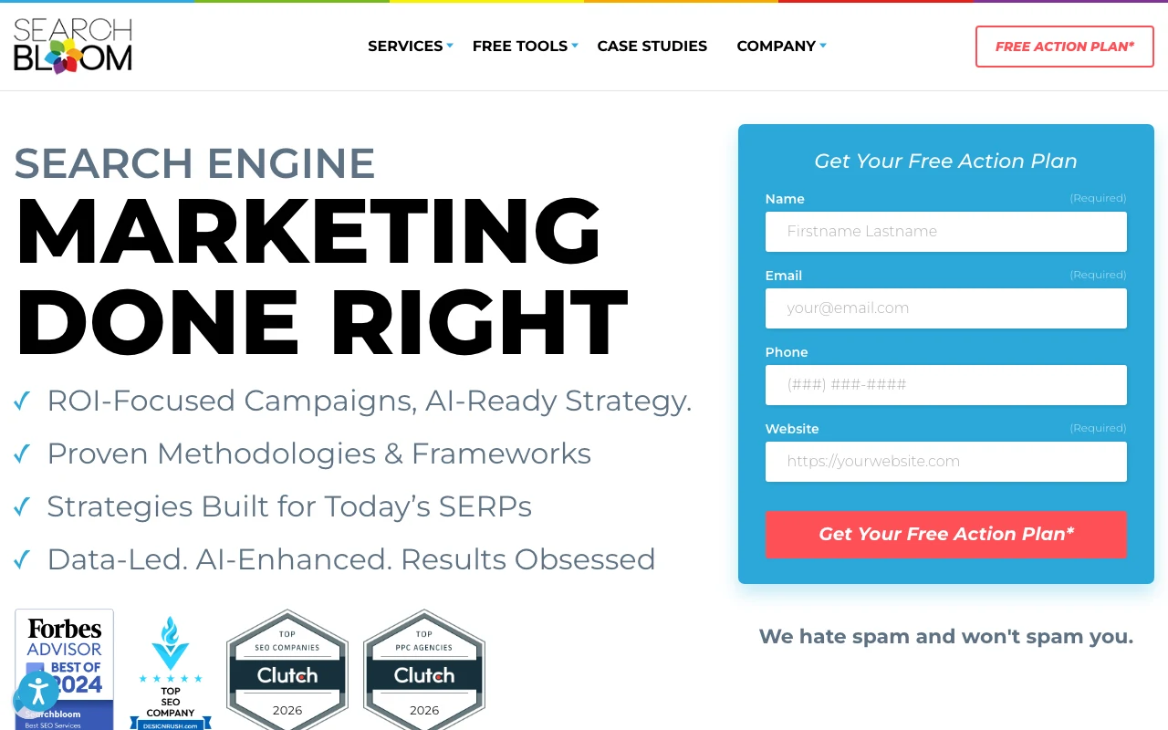 Screenshot of the Searchbloom website homepage