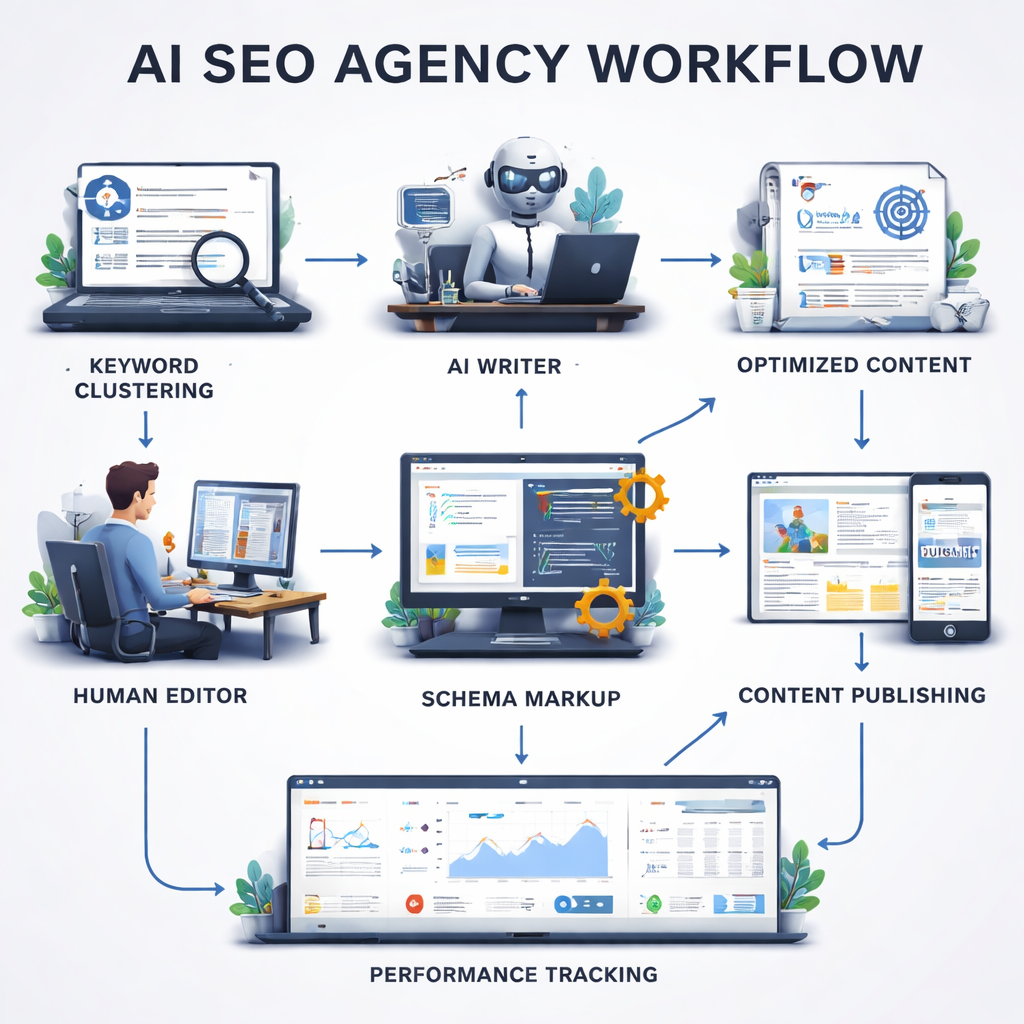 A photorealistic diagram showing an AI SEO agency workflow from keyword clustering to content publishing, with icons for AI writer, human editor, schema markup, and performance dashboard. Alt: ai seo agency workflow visual guide
