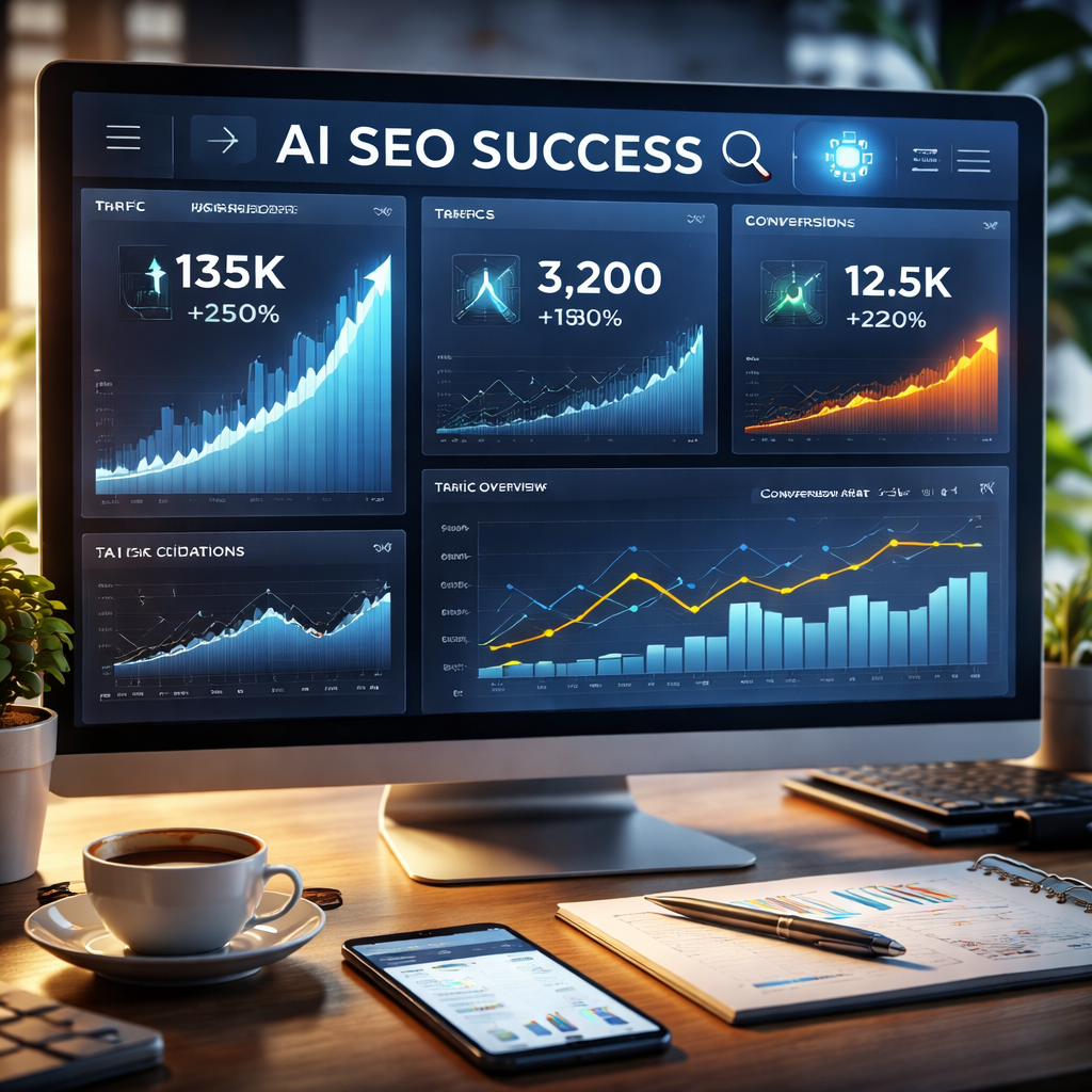 A photorealistic illustration of a SaaS dashboard showing traffic spikes, AI citation metrics, and conversion graphs after implementing AI SEO strategies. Alt: ai seo agency success story visual