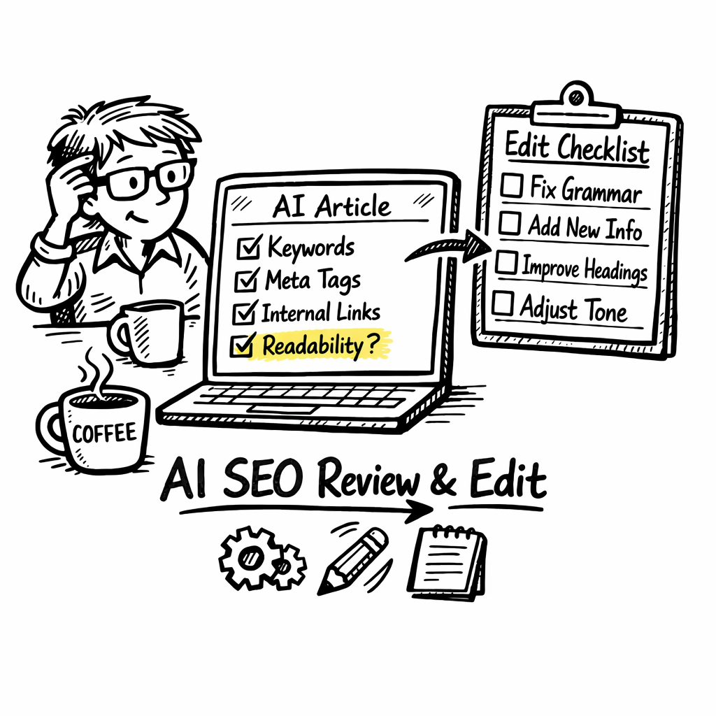A doodle illustration of a marketer reviewing a laptop screen with highlighted SEO checks, a clipboard of edit steps, and a coffee mug, emphasizing the review process for an AI‑generated article. Alt: AI SEO article generator review and edit checklist doodle