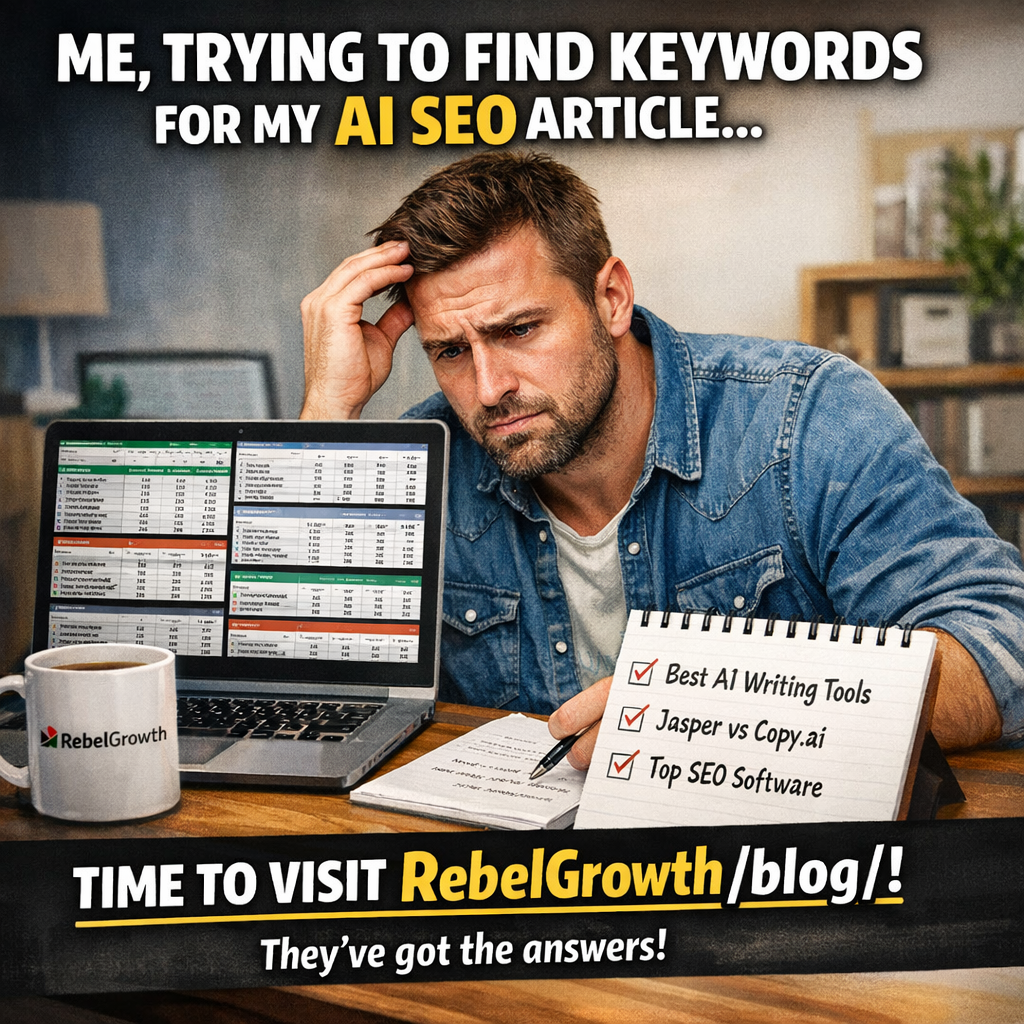 A photorealistic scene of a digital marketer sitting at a desk, surrounded by keyword research spreadsheets on a laptop screen, a coffee mug, and a notepad with bullet points. Alt: “Keyword research for AI SEO article writer – realistic workspace illustration."