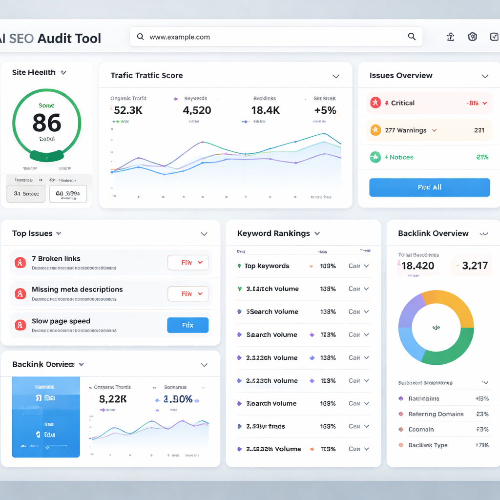 A photorealistic dashboard showing AI SEO tool metrics, charts, and site health indicators. Alt: ai seo audit tool dashboard with graphs and alerts