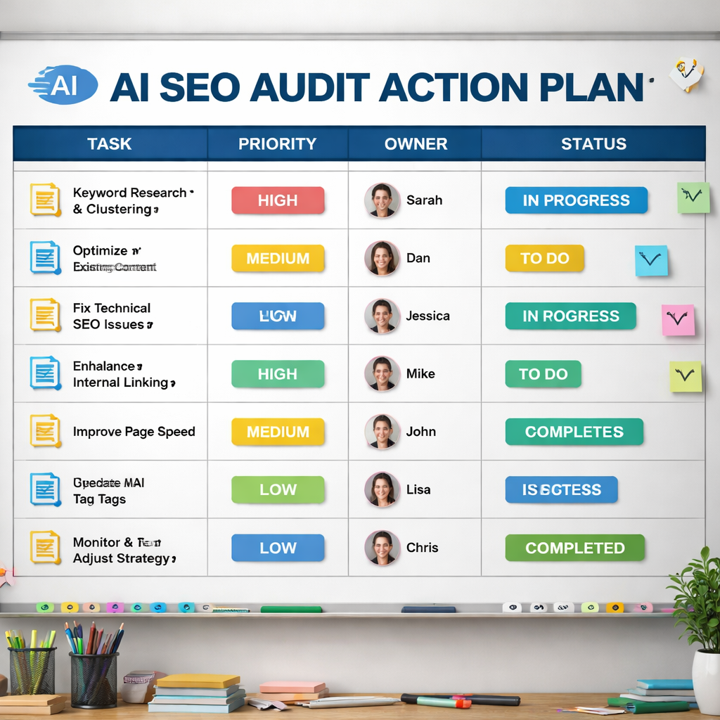 A photorealistic illustration of a project board with tasks, owners, and status columns, showing a clear AI SEO audit action plan. Alt: ai seo audit action plan board with prioritized tasks