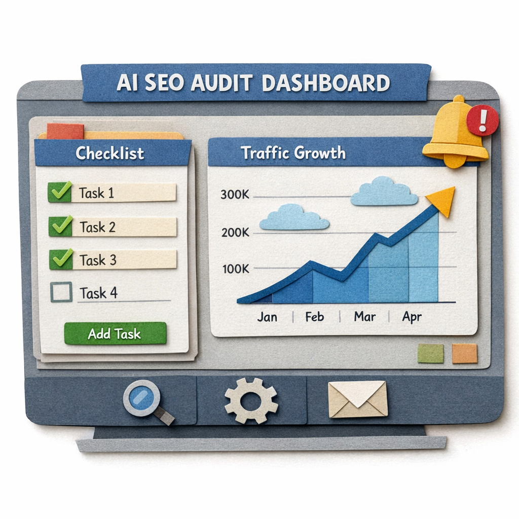A Papercraft illustration of a dashboard screen showing a checklist, a line chart of traffic growth, and a notification icon for AI SEO audit tool alerts. Alt: AI SEO audit tool implementation and tracking dashboard.