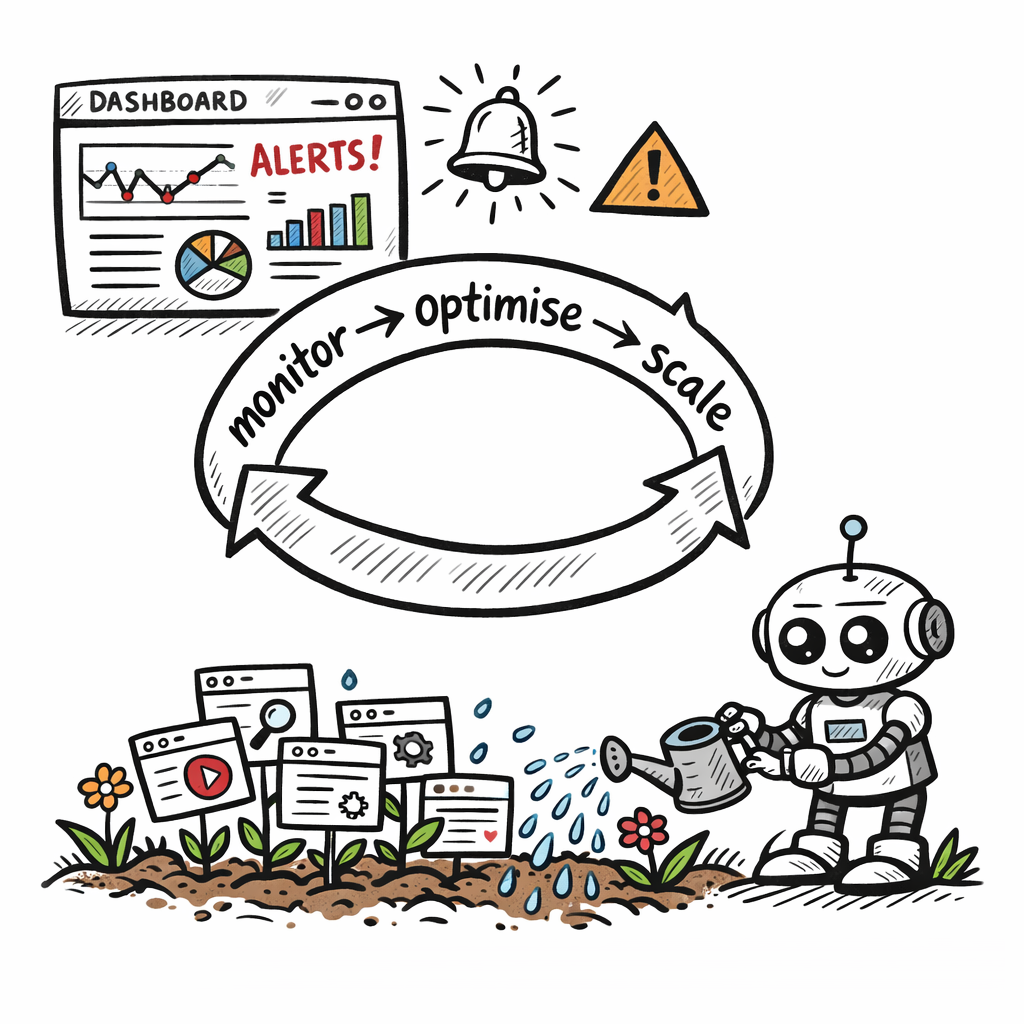 A doodle illustration of a dashboard with real‑time alerts, a looping arrow labeled 