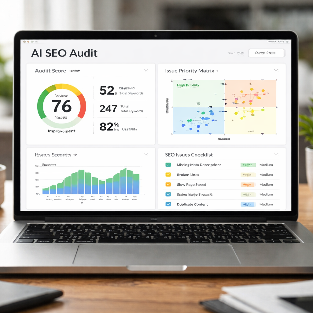 A photorealistic view of a laptop screen showing AI‑generated SEO audit results, charts and a checklist. Alt: ai seo consulting audit dashboard with issue priority matrix.