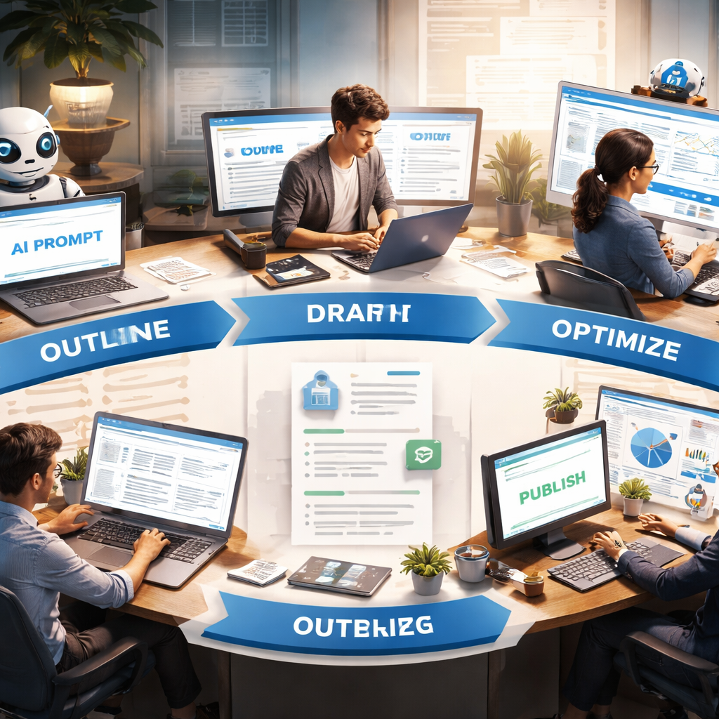 A photorealistic illustration of a content workflow diagram, showing AI prompt, outline, draft, optimizer and publishing steps. Alt: ai seo consulting content creation pipeline with AI and human review.